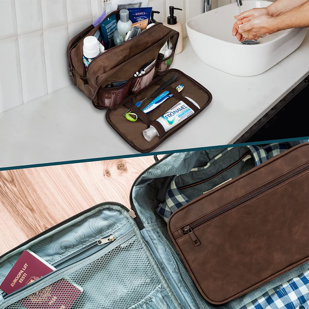 PAVILIA Toiletry Bag for Men, Travel Toiletries Bag | Water-resistant Dopp Kit, PU Leather Shaving Pouch Organizer for Accessories, Cosmetic, Hygiene, Grooming Essentials (Dark Brown)