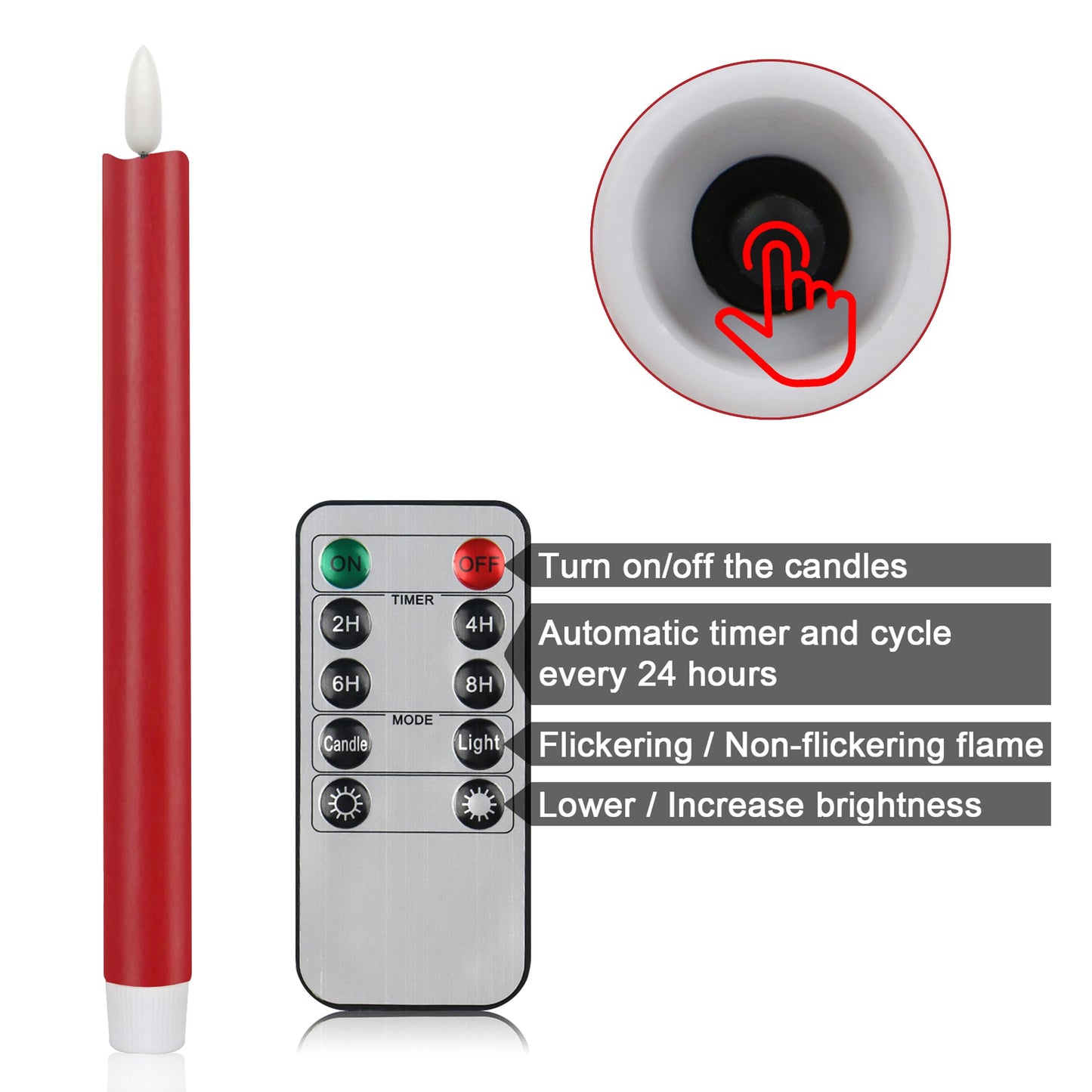 CVHOMEDECO. Real Wax Flameless Taper Candles with 10-Key Remote, Battery Operated Led Flickering 3D Wick Light Window Candles Home Christmas Party Decor 0.78 x 10 Inch, Pack of 2, Red