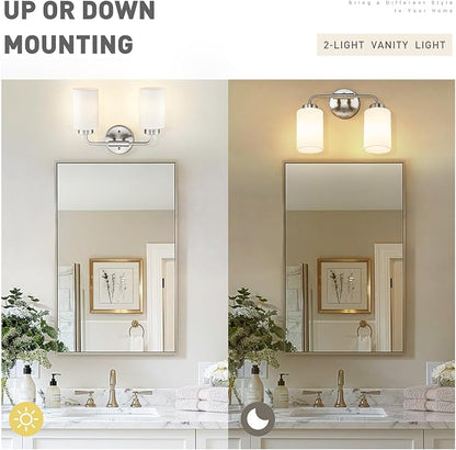 zeyu 2-Light Bathroom Light Fixtures Over Mirror, Modern Wall Sconces for Bathroom, Milky White Glass Shade, Brushed Nickel Finish, ZS62B-2W BN
