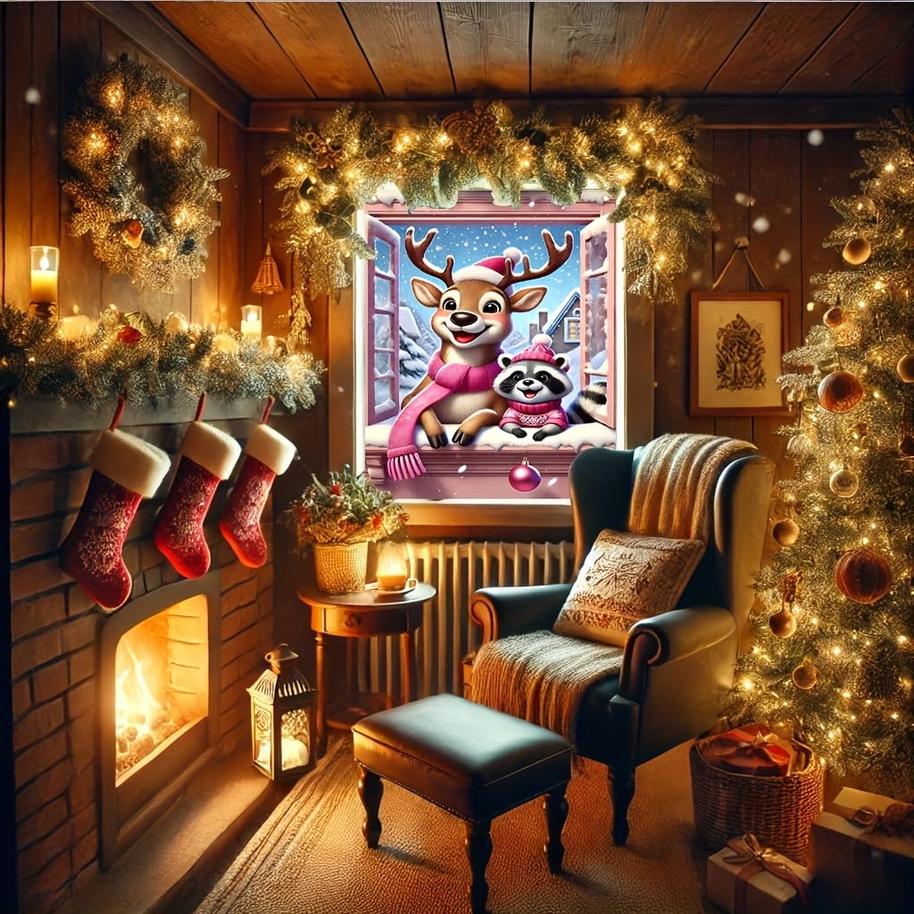 Tomhong Christmas Reindeer and Raccoon Window Banner 31x47 Inch Snowy Scene Holiday Decoration for Indoor Outdoor Home Wall or Window Display Cozy Christmas Decor