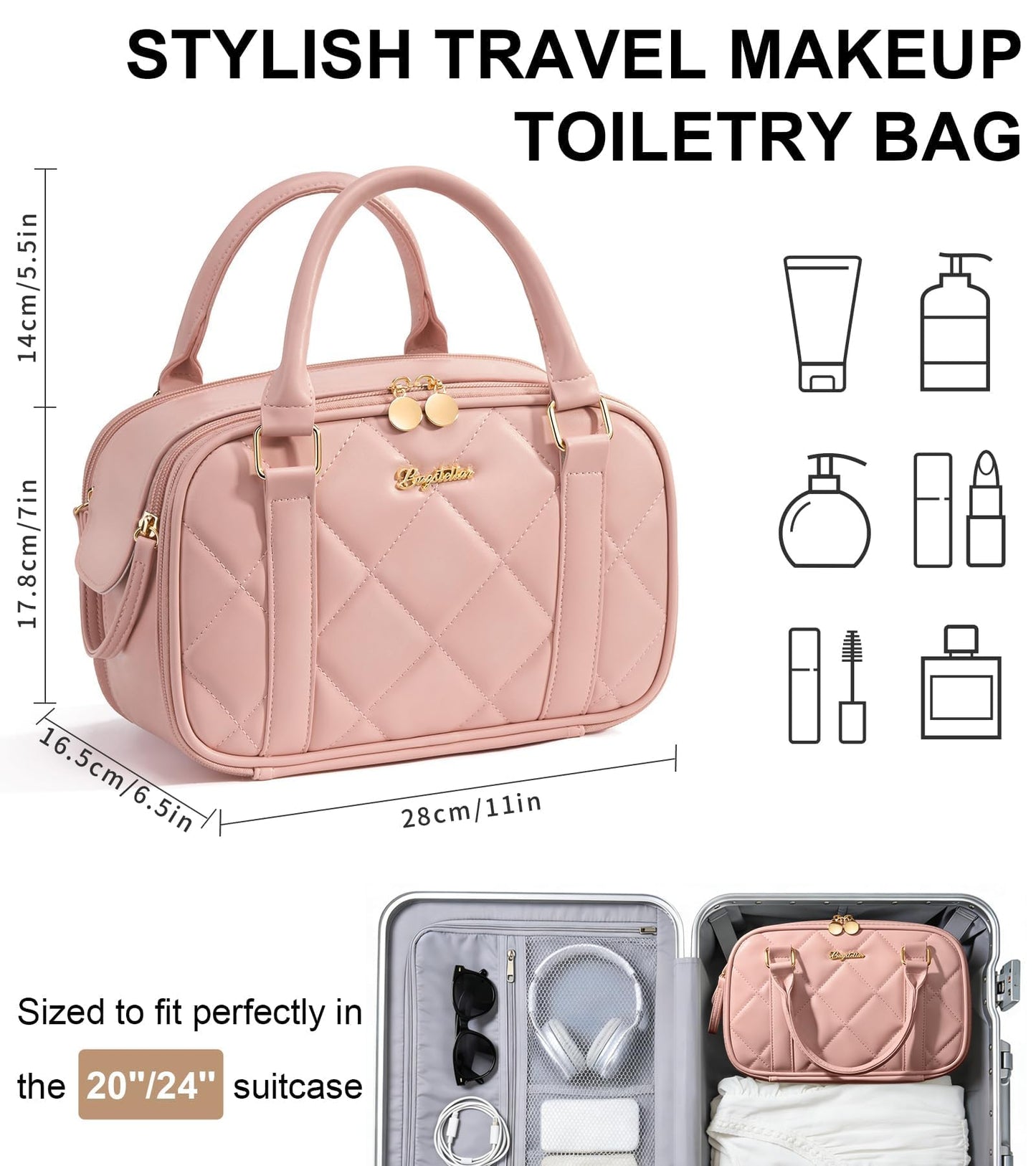 Bagstellar Travel Makeup Bag, Large Capacity Quilted Toiletry Bag for Women Stand-up Cosmetic Bag Open Flat Make Up Case Organizer Portable Pouch Purse w/Handle for Traveling Accessories, Pink