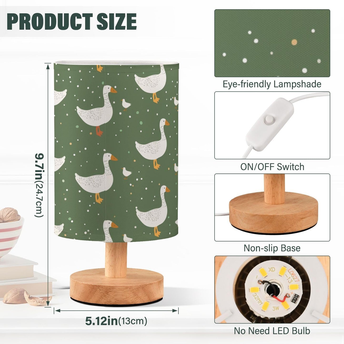 Oarencol Bedside Table Lamp Cute Goose Green Nightstand Lamp with Wood Desk Lamps for Bedroom Living Room Nursery Office Home Decor
