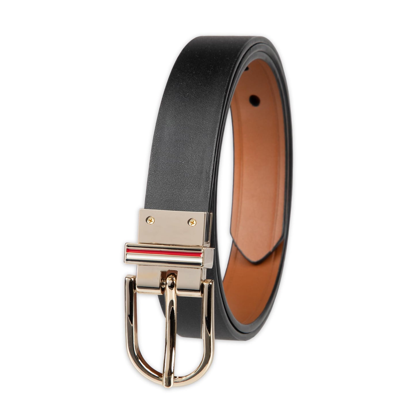 Tommy Hilfiger Women's Reversible TH Flag Enamel Slim Belt, Tan/Black, Large