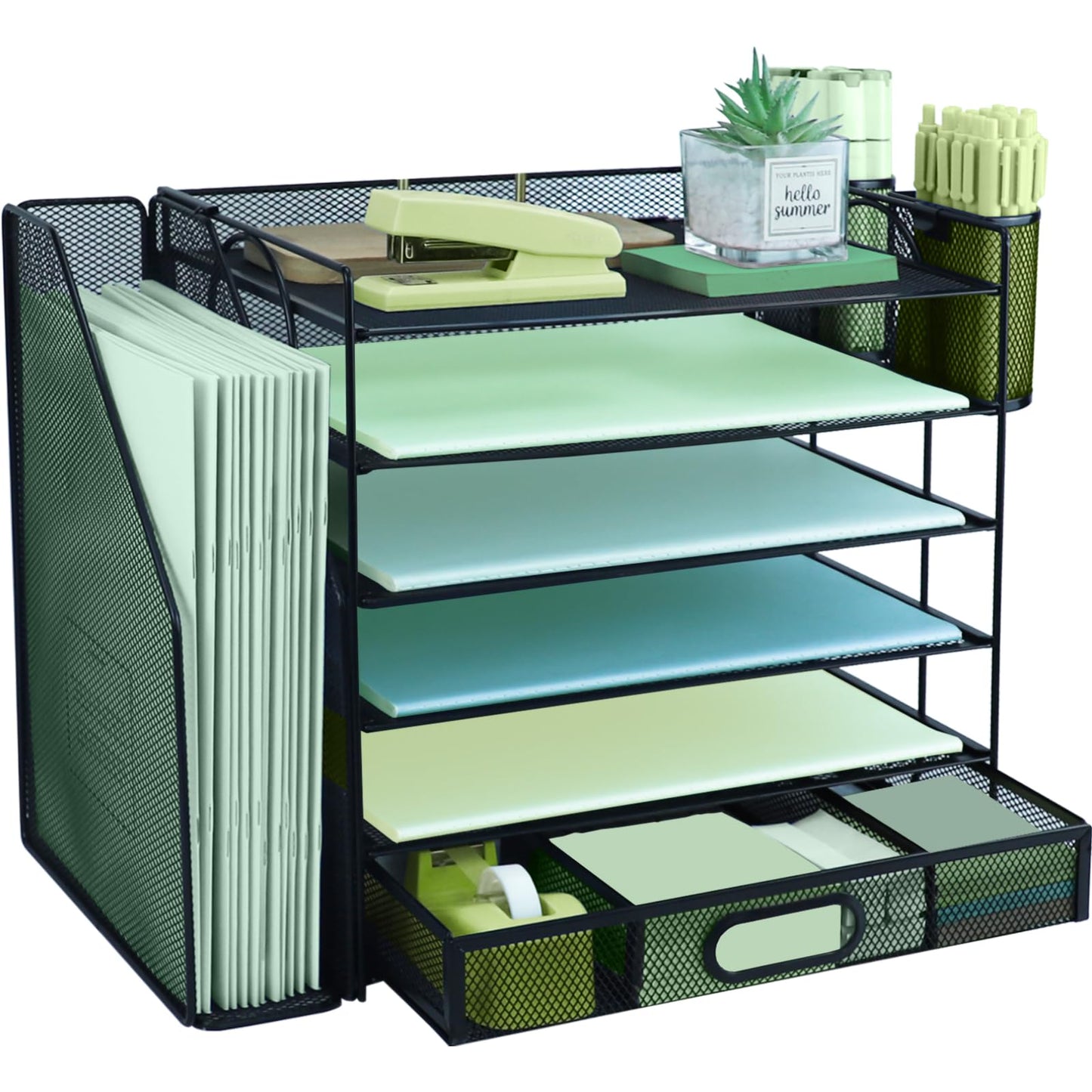 6 Tier Desk File Organiser with Extra Vertical File Sorter, Paper Letter Tray with Top Stationery Drawer Holder, A4 Paper Desktop Filing Trays, Magazine Document Holder for Home Office, Black