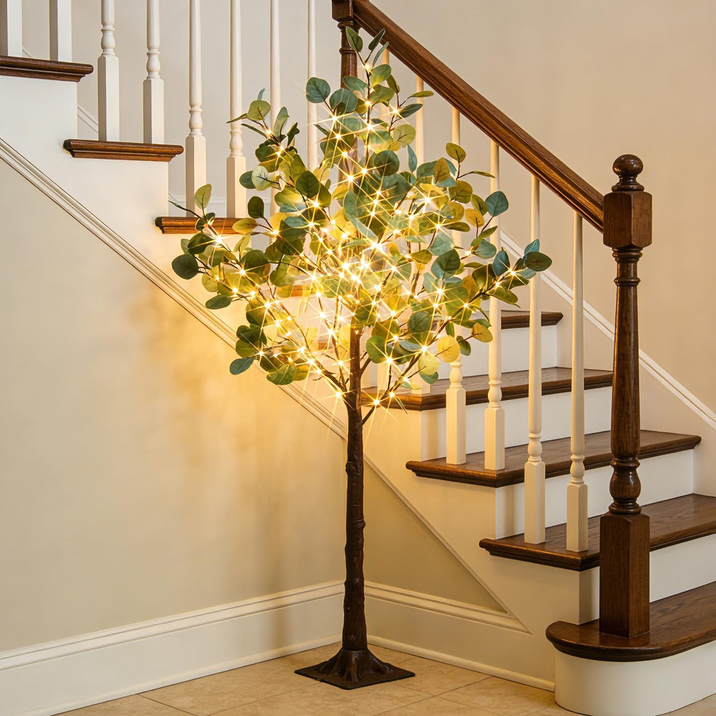 Hairui Lighted Eucalyptus Tree Plug in 4FT 160 Warm White LED Artificial Greenery Tree with Lights for Wedding Halloween Christmas Holiday Home Party Decoration