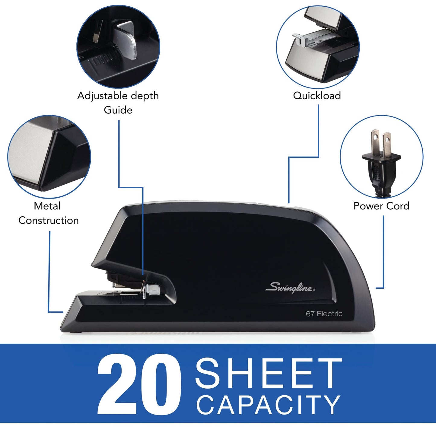 Swingline Heavy Duty Commercial Electric Stapler, 20 Sheet Capacity, Metal, Black (06701)