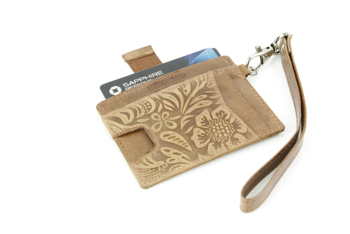 American Bison Embossed Floral Wristlet Wallet for Women – Small ID Card Holder with Credit Card Slots & Pull Tab Organizer – Compact Leather Wrist Strap Clutch (Tan)
