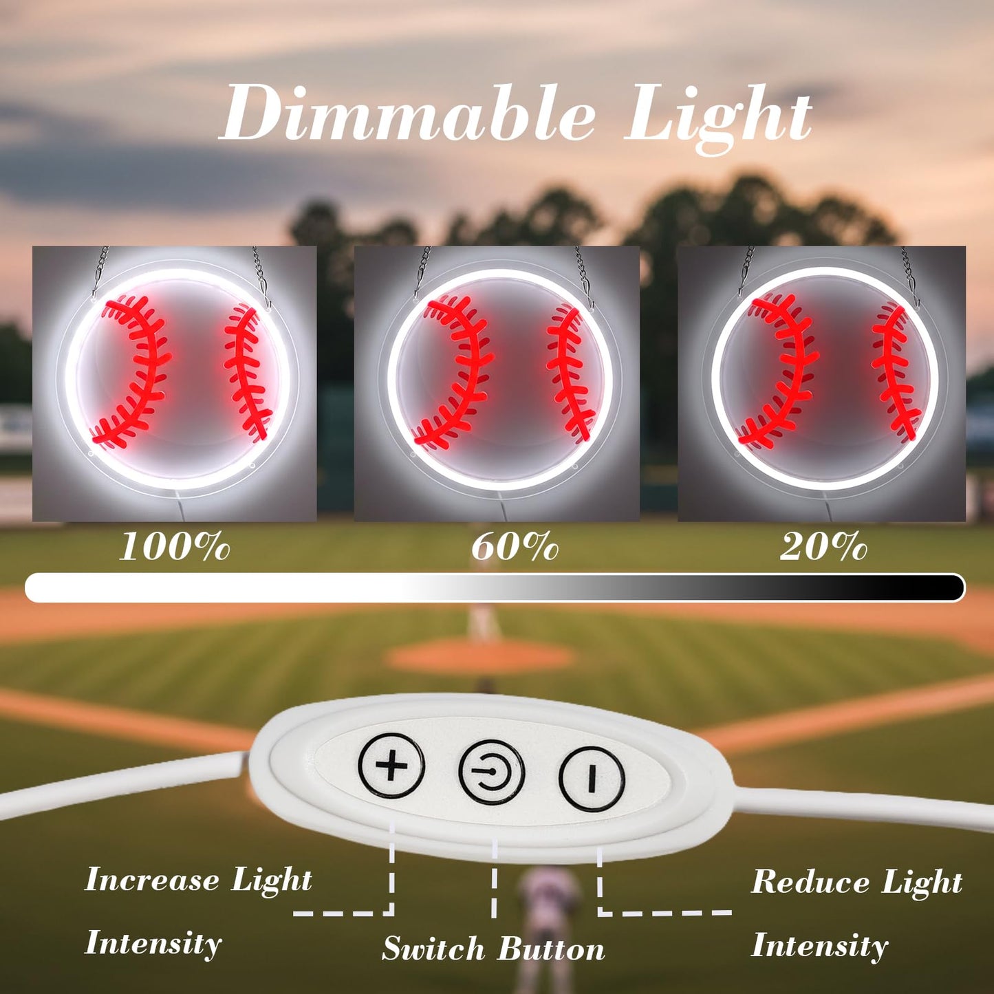 Baseball Gifts for Boys 8-12, Baseball Neon Sign for Wall Decor, Dimmable LED Light with Printed Design for Bedroom Sports Room Decor, 9 x 9 Inches