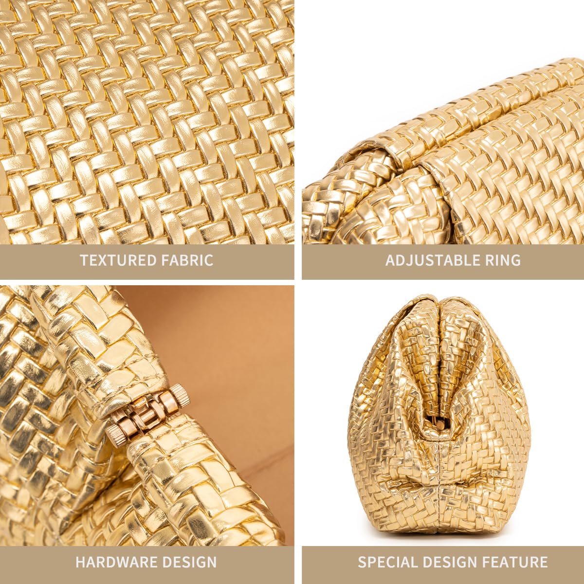 PHILOMENA Women's Woven Evening Bag Vegan Leather Clutch Purse Dumpling Ruched Bag Party Wedding Elegant Handbags (Gold Woven)