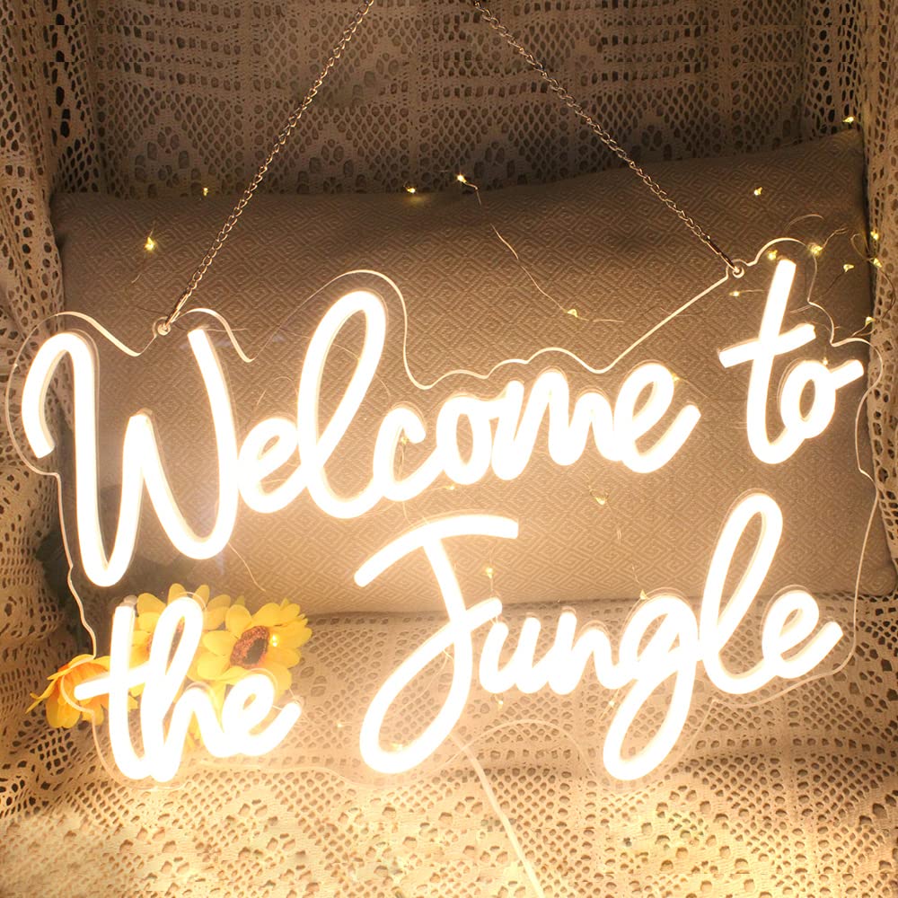 Welcome to the Jungle LED Neon Signs Warm White Neon Lights for Wall Decor USB Light Up Sign For Garden Home Porch store Christmas Living Room Bar Decoration(16.5 * 11Inch)