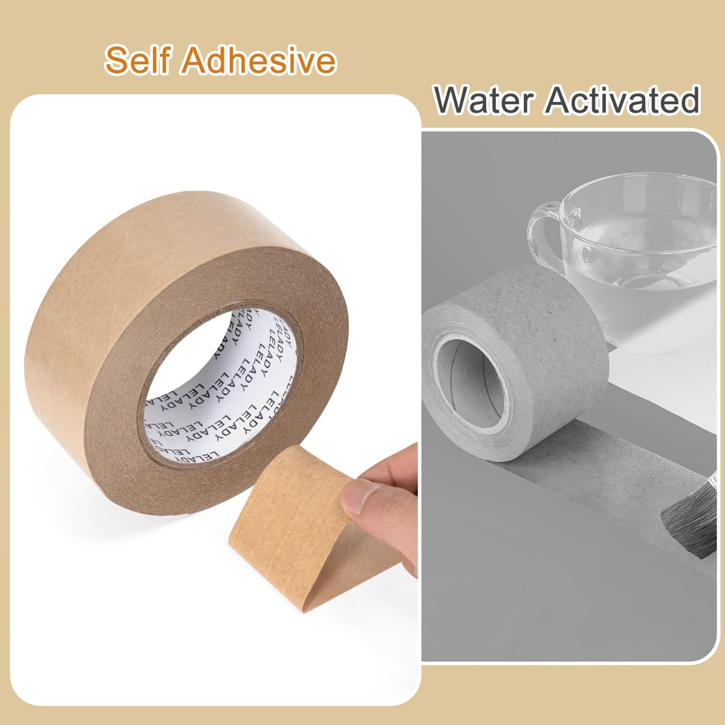 LELADY Kraft Paper Tape 2 Inch x 55 Yards - 2 Rolls Self Adhesive Gummed Packing, Reinforced Heavy Duty Brown Tape for Masking, Sealing, Packing