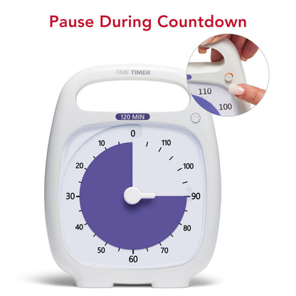 TIME TIMER PLUS 120 Minute Desk Visual Timer Countdown Timer with Portable Handle for Classroom, Office, Homeschooling, Study Tool, with Silent Operation (White)