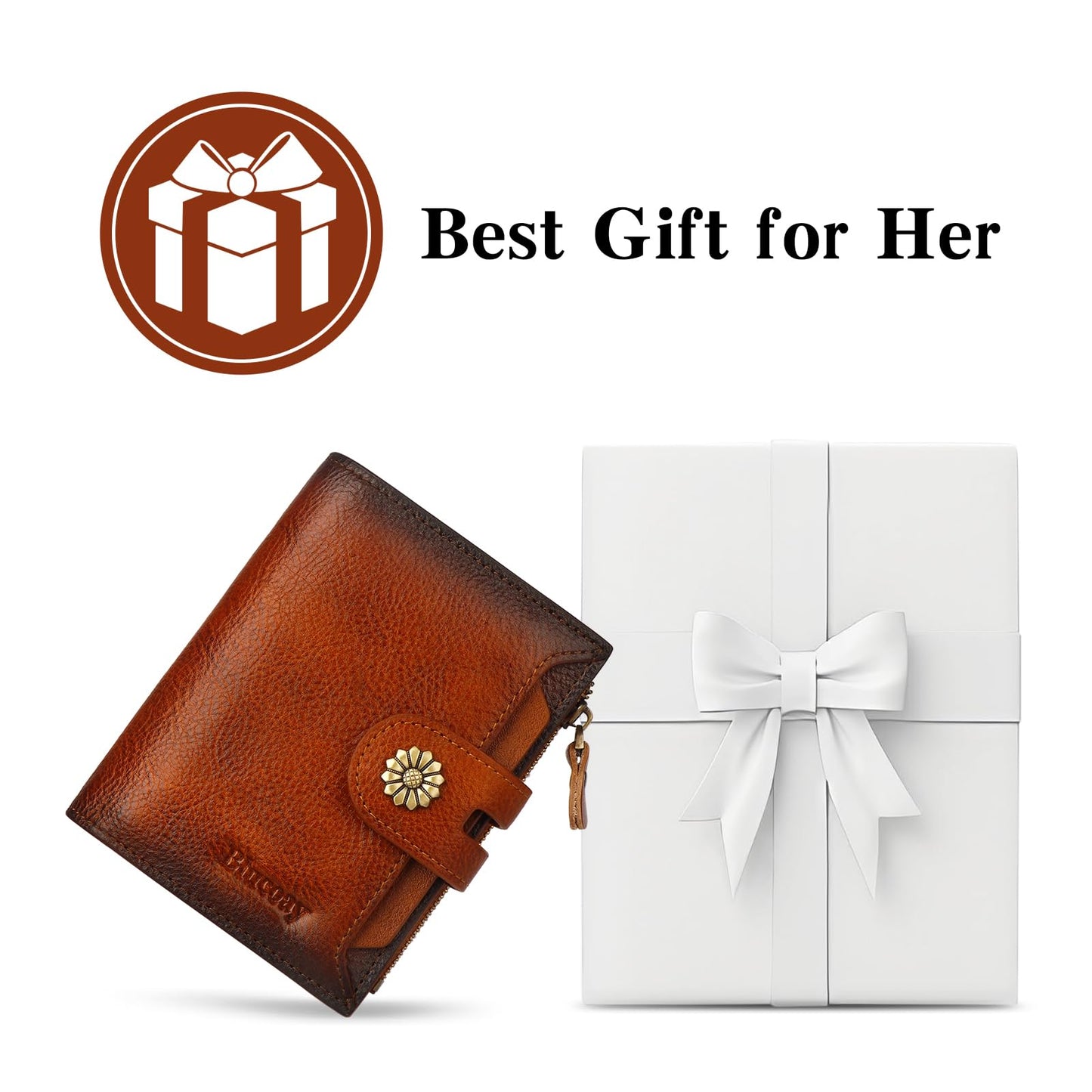 Blucoay Wallet Women,RFID Blocking Leather Womens Wallet Bifold Compact Card Holder Small Wallet for Women with Removable ID Window Brown