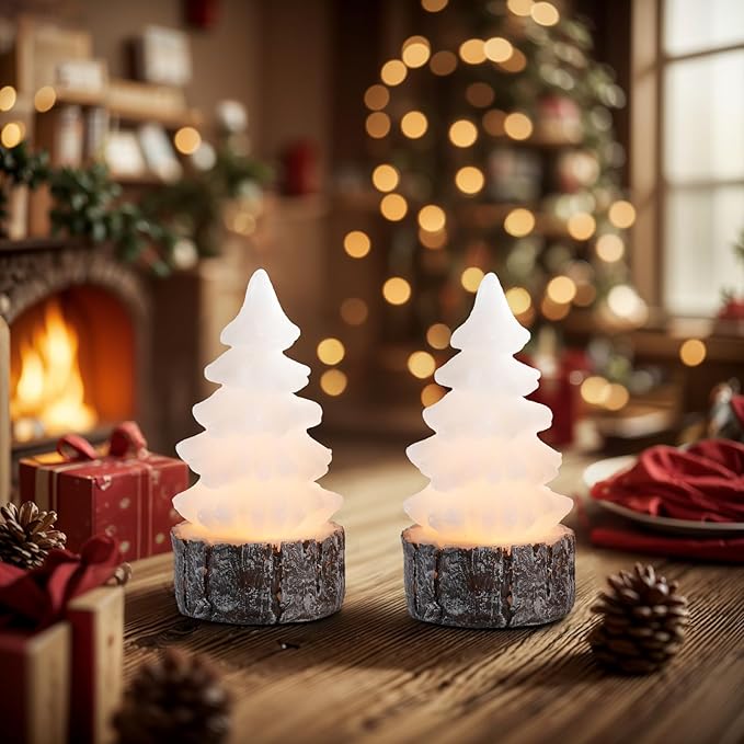 Homemory Christmas Tree Candles with Stump, 2 Pcs Waxy LED Flameless Candles Flickering, White Electric Lights Battery Operated for New Year Celebration Holiday Decorations 6.3 Inches