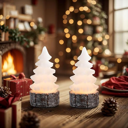 Homemory Christmas Tree Candles with Stump, 2 Pcs Waxy LED Flameless Candles Flickering, White Electric Lights Battery Operated for New Year Celebration Holiday Decorations 6.3 Inches