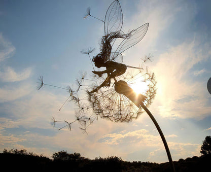 Fcteap Flower Fairy Dancing with Dandelion Garden Art Sculpture Stainless Steel Statue Christmas Halloween Decoration for Outdoor Yard Courtyard Lawn Patio Metal Ornaments (Hurdle)