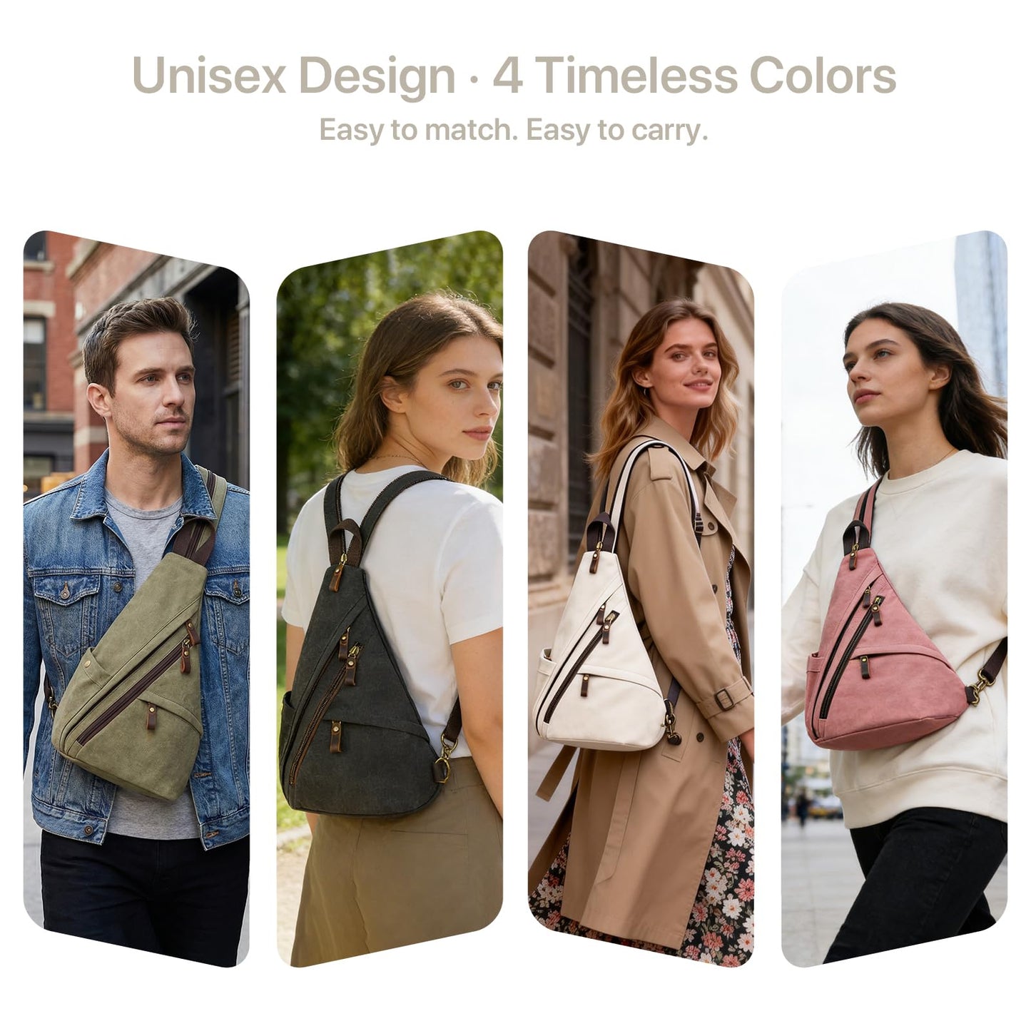 BRASS TACKS Leathercraft Vintage Canvas Sling Bag for Men and Women, 3-in-1 Convertible Crossbody Backpack Chest Bag with Genuine Leather Zipper, Large Capacity Travel Daypack (Off-White)