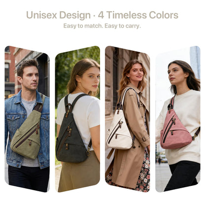 BRASS TACKS Leathercraft Vintage Canvas Sling Bag for Men and Women, 3-in-1 Convertible Crossbody Backpack Chest Bag with Genuine Leather Zipper, Large Capacity Travel Daypack (Off-White)