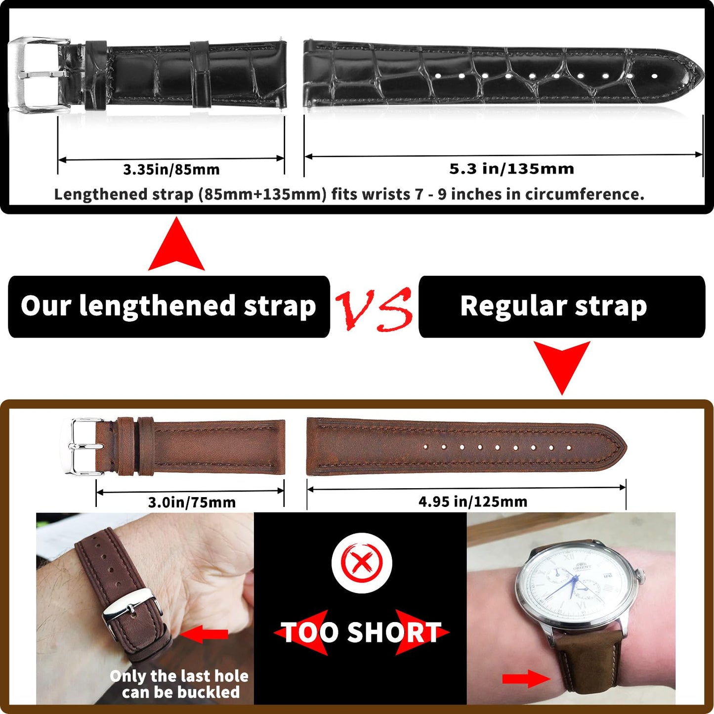 Vellsar XL Genuine Leather Watch Band 21mm Watch Straps for Large Wrist - Extra Long Adjustable Replacement Straps, Alligator Grain Embossed Watchband (Black)