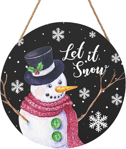 Winter Snowman Sign for Front Door Christmas Snowflake Wood Door Hanger 12"x12" Holiday Welcome Decorations Rustic Snowflakes Black Winter Wreath Wall Hanging Decoration for Home Wall Porch Yard Garden