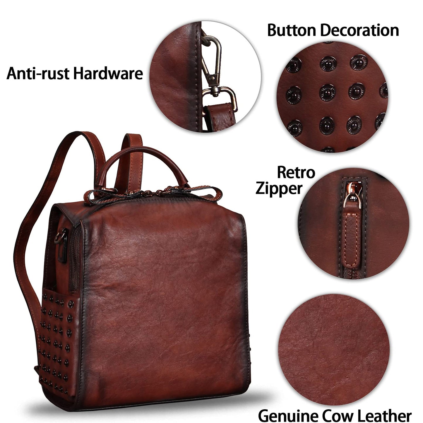 Genuine Leather Backpack for Women Convertible Satchel Rucksack Casual Crossbody Daypack Shoulder Bag Handbag Purse Medium