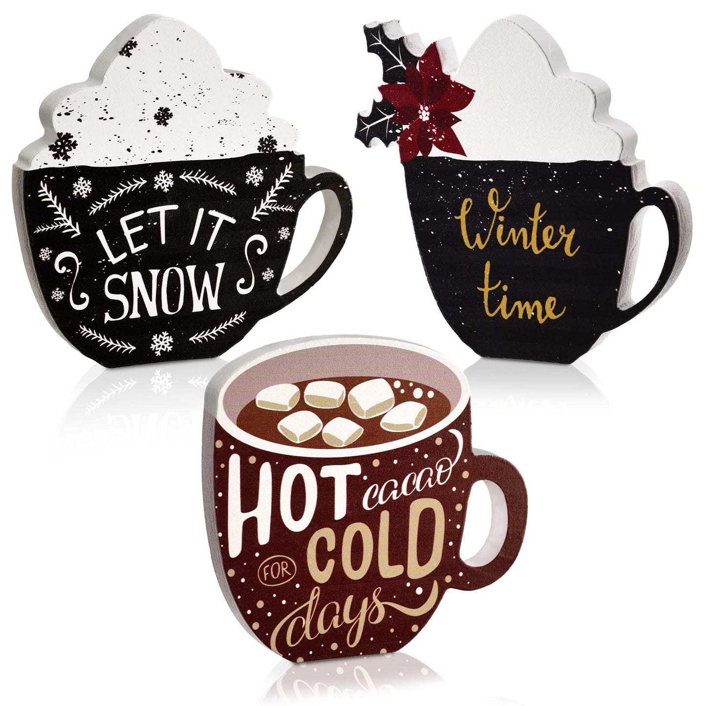 3 Pcs Christmas Hot Cocoa Tabletop Decor Christmas Wooden Signs Hot Cocoa Decor Warm Winter Tabletop Wooden Block Sign for Table Centerpieces Tiered Tray Decoration