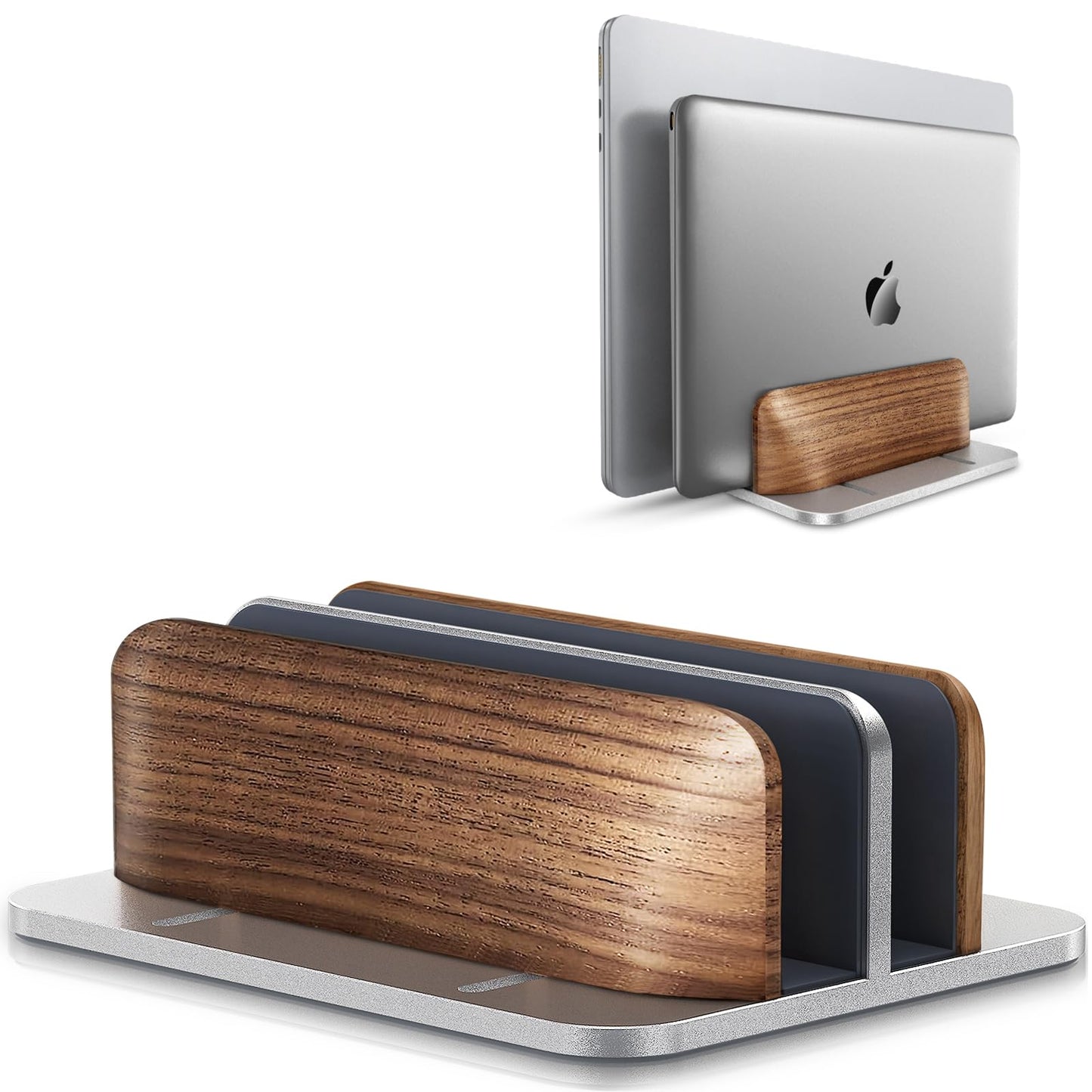 LOXP Vertical Laptop Stand, [Dual Slot Wooden + Aluminum Laptop Holder], Desktop Adjustable MacBook Stand, Adjustable Base, for MacBook Pro/Air, (up to 17.3-inch All laptops)