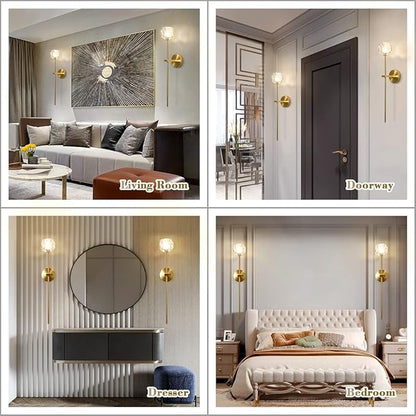BOKT 1-Light Antique Brass Wall Sconce Lighting Fixture Modern Clear Crystal Ball Wall Sconce Lamp Brushed Gold Long Metal Wall Light Hardwired Bathroom Vanity Light Fixture
