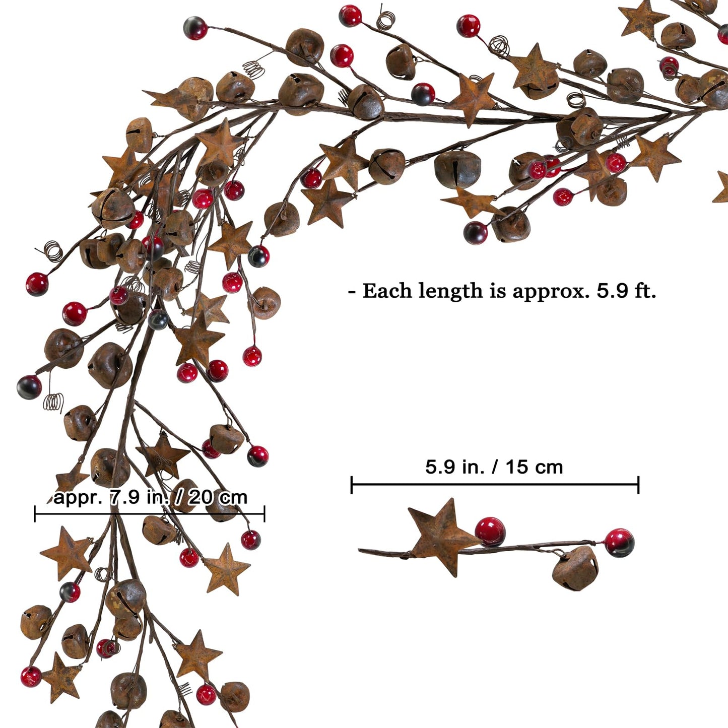Winlyn 5.9 Ft Rustic Jingle Bells Garland with Metal Stars and Burgundy Berries Primitive Christmas Garland for Holiday Farmhouse Country Home Wreath Xmas Tree Table Centerpiece Wall Mantel Door Décor