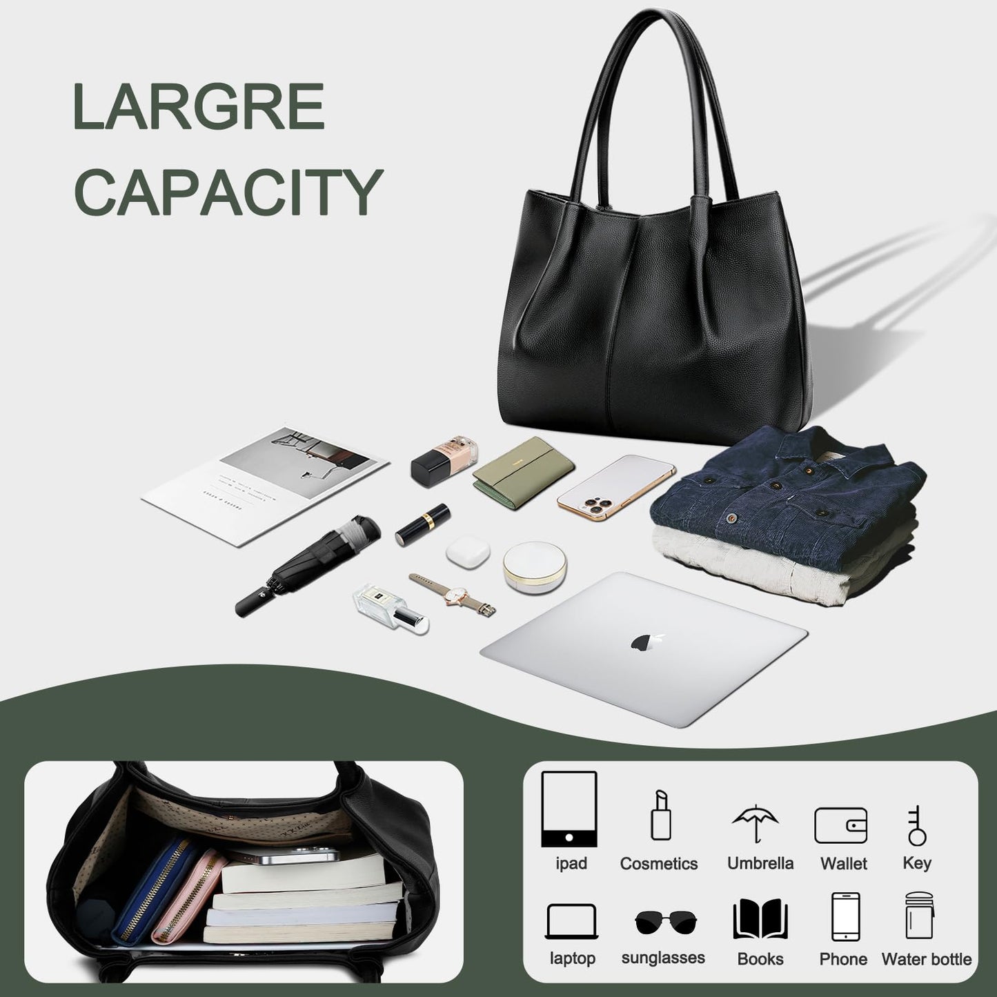 KKXIU Tote Bag for Women Vegan Leather Shoulder Purse Large Capacity Travel Bag (Black)