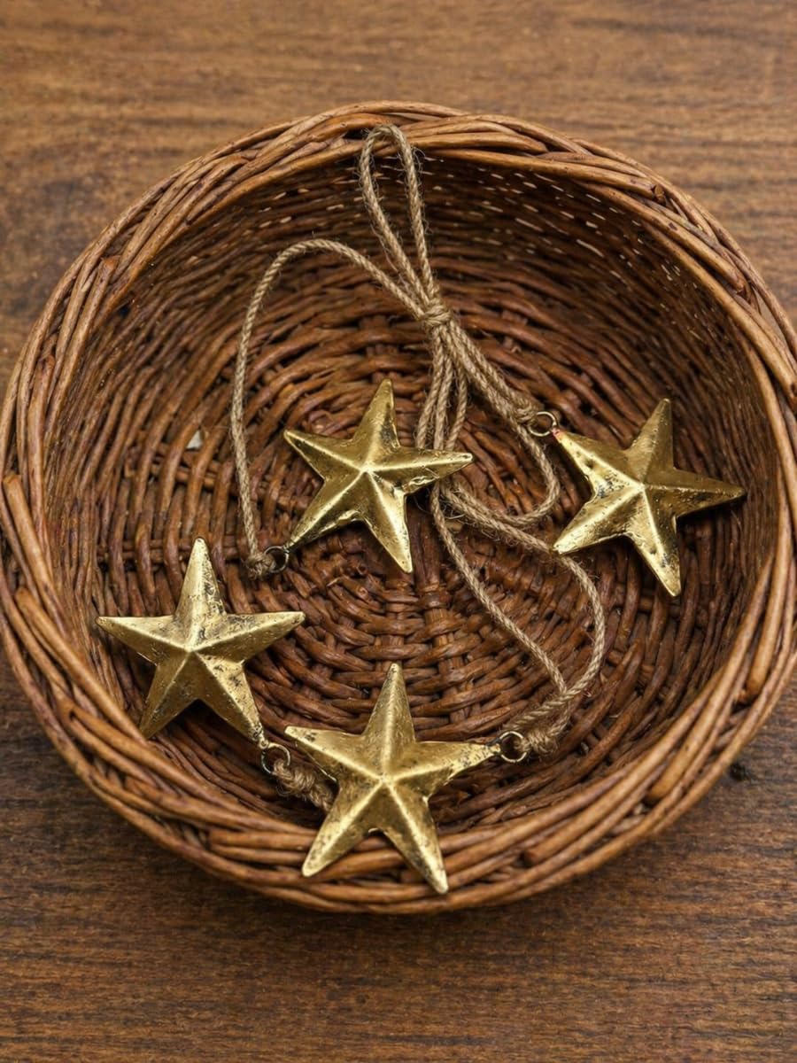 Rustic Gold Star Garland with Rope – Handmade Brass Metal Hanging Star Cluster for Farmhouse, Cow Bell Cluster, Christmas, Holiday, and Outdoor Garden Decor (Star Garland 24")
