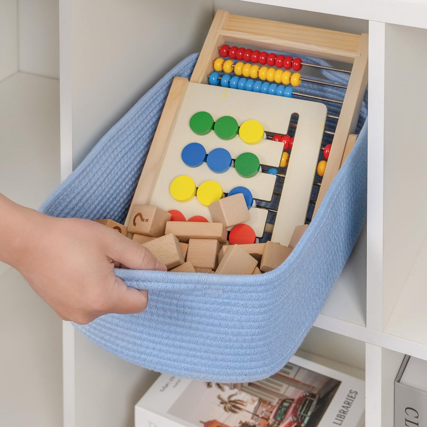 CubesLand Cute and Durable Small Cotton Rope Basket for Organizing, Woven Closet Storage Bin,Shelves Closet Storage Basket, Bathroom Storage Organizer Bin, Nursery Toy Basket Bin, Blue Basket