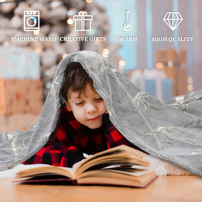 Glow in The Dark Blanket Dinosaur Throw Blanket for Boys Kids Soft Warm Cozy Cute Dino Blanket Unique Dinosaurs Toys Gifts Gray Glowing Dinosaur Room Decor Blankets for Girls Teens 50"x60"