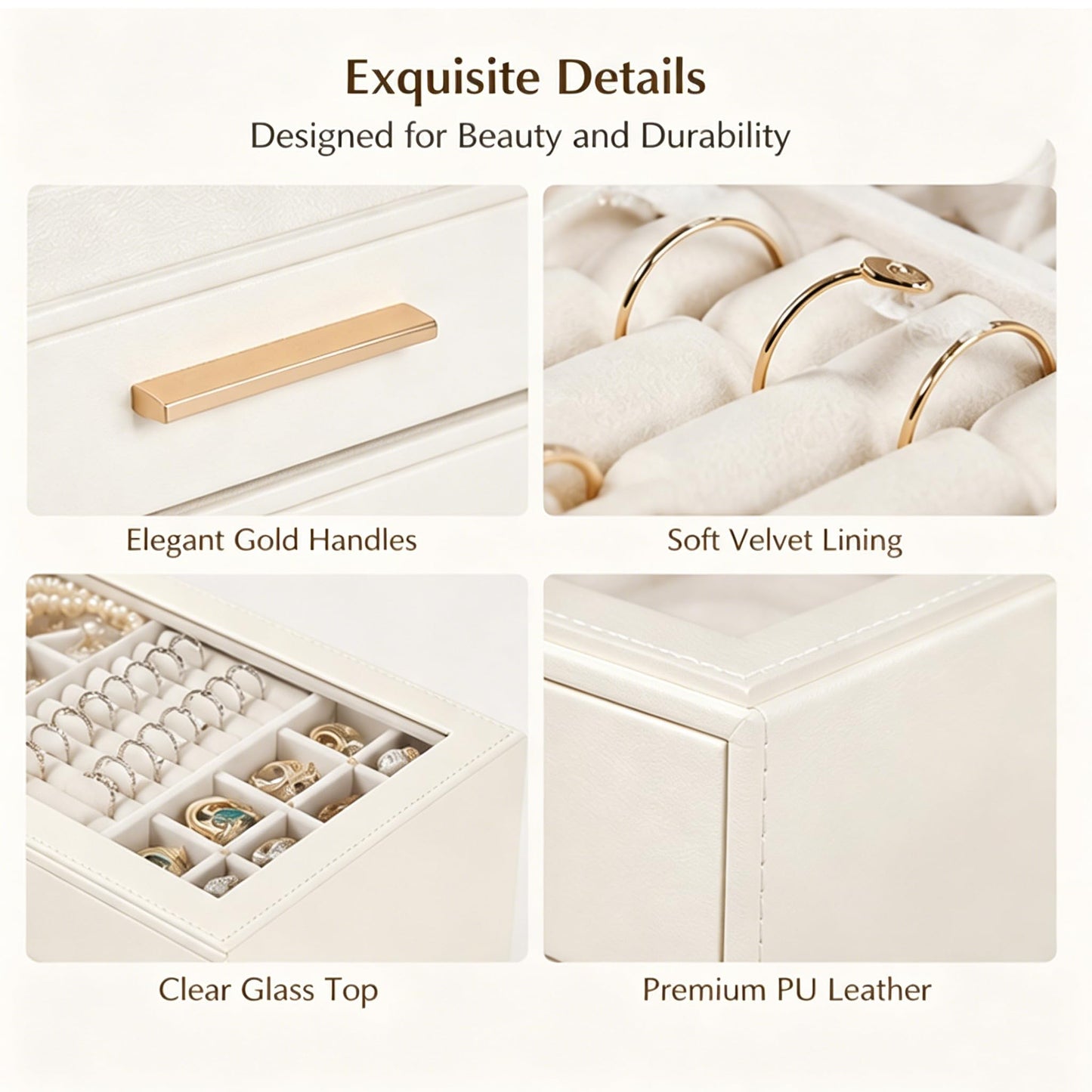 GUOER Jewelry Box for Women, Glass Lid Jewelry Organizer with 3 Drawers PU Jewelry Storage Case for Necklaces Rings Earrings Bracelets, Mother's Day, White