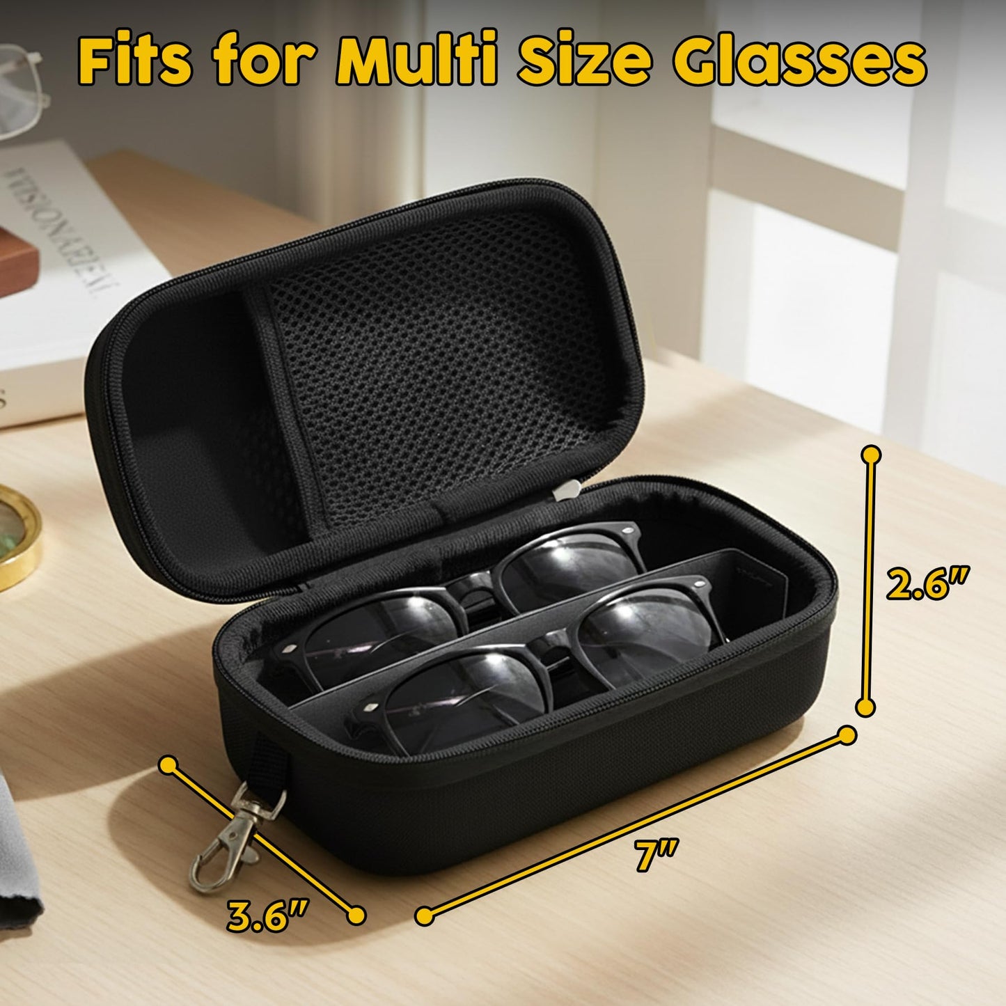 bipkonu Double Eyeglasses Case,Hard Shell Glasses Case Travel Sunglasses Organizer with Adjustable Slot & Clip for Men Women, Black