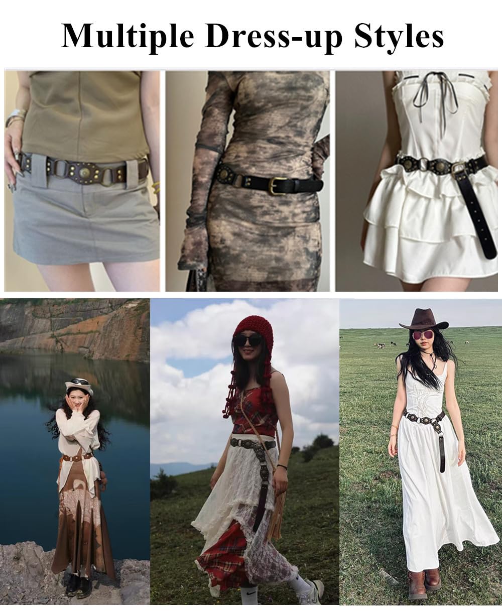 JFYSJH Brown Western Belts for Women Cowgirl Y2K Studded Leather Concho Chain Belt Wide Boho Disc Vintage Country Belts for Dresses Jeans, Fit Waist 38" to 42"