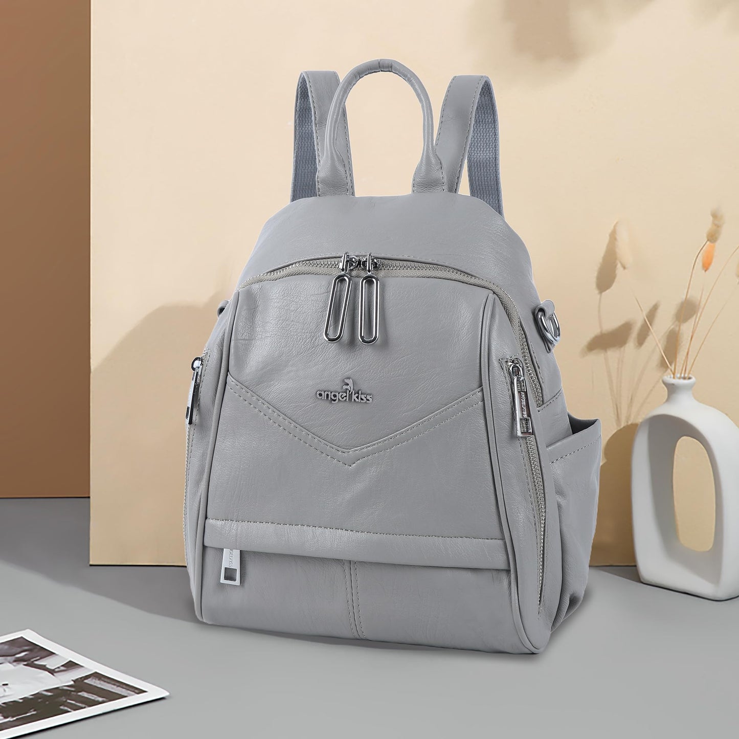 Angel Kiss Small Backpack Purse for Women,Soft Vegan Leather Roomy Backpacks,Designer Ladies Shoulder Backpack Fashion Handbag with Removable Strap,Grey