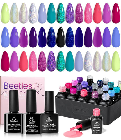 Beetles Cat Eye Gel Polish Set - 24Pcs 20 Colors Glitter Dark Color Changing Gel Nail Polish Kit with Base Gel Glossy Matte Top Coat Soak off UV DIY Nail Art Salon Ombre Black Nails Gift