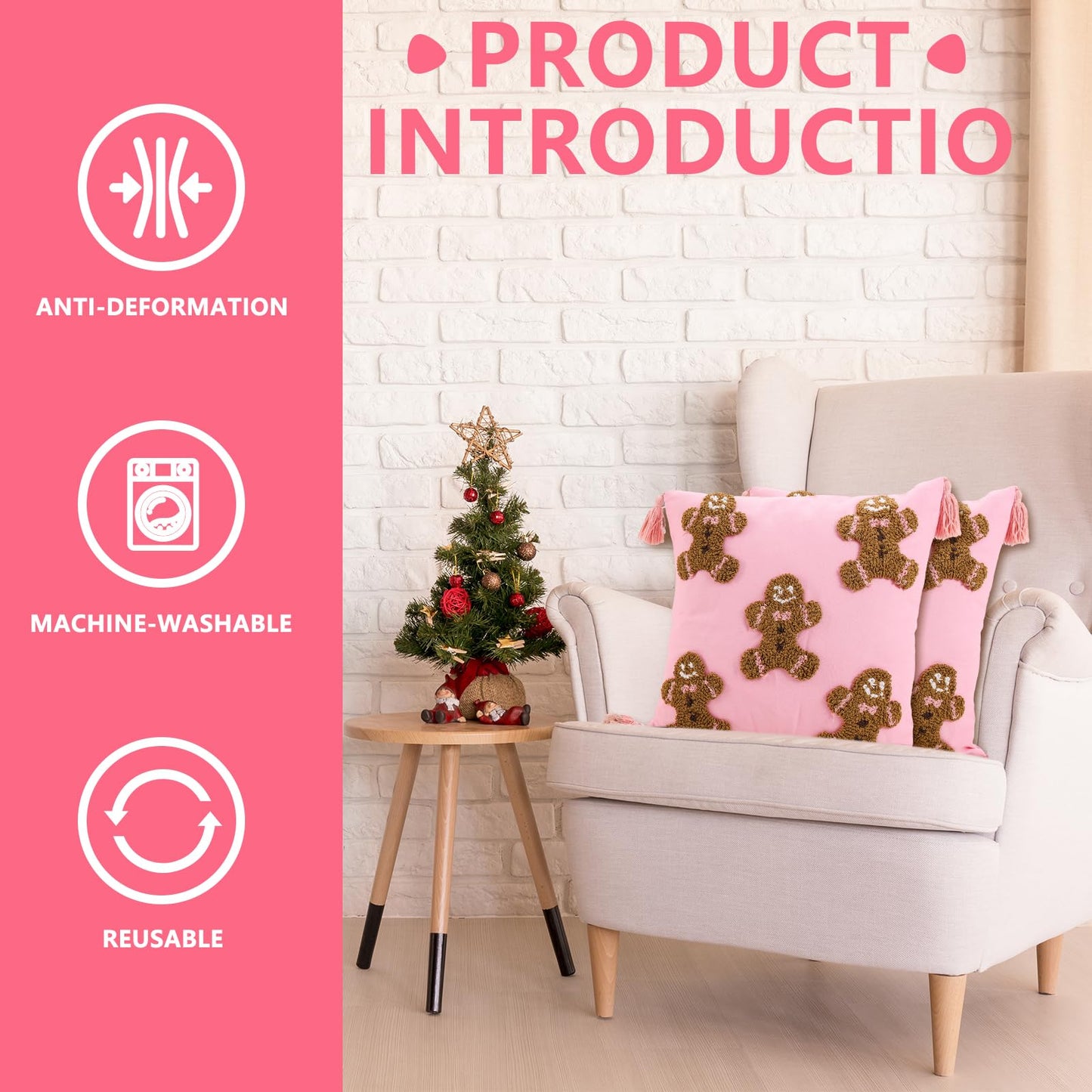 JarThenaAMCS 2Pcs 3D Pink Christmas Pillow Covers Gingerbread Man Throw Pillow Case 18 x 18 Inch Plush Faux Fur Soft Holiday Cushion Cover for Home Office Couch Sofa