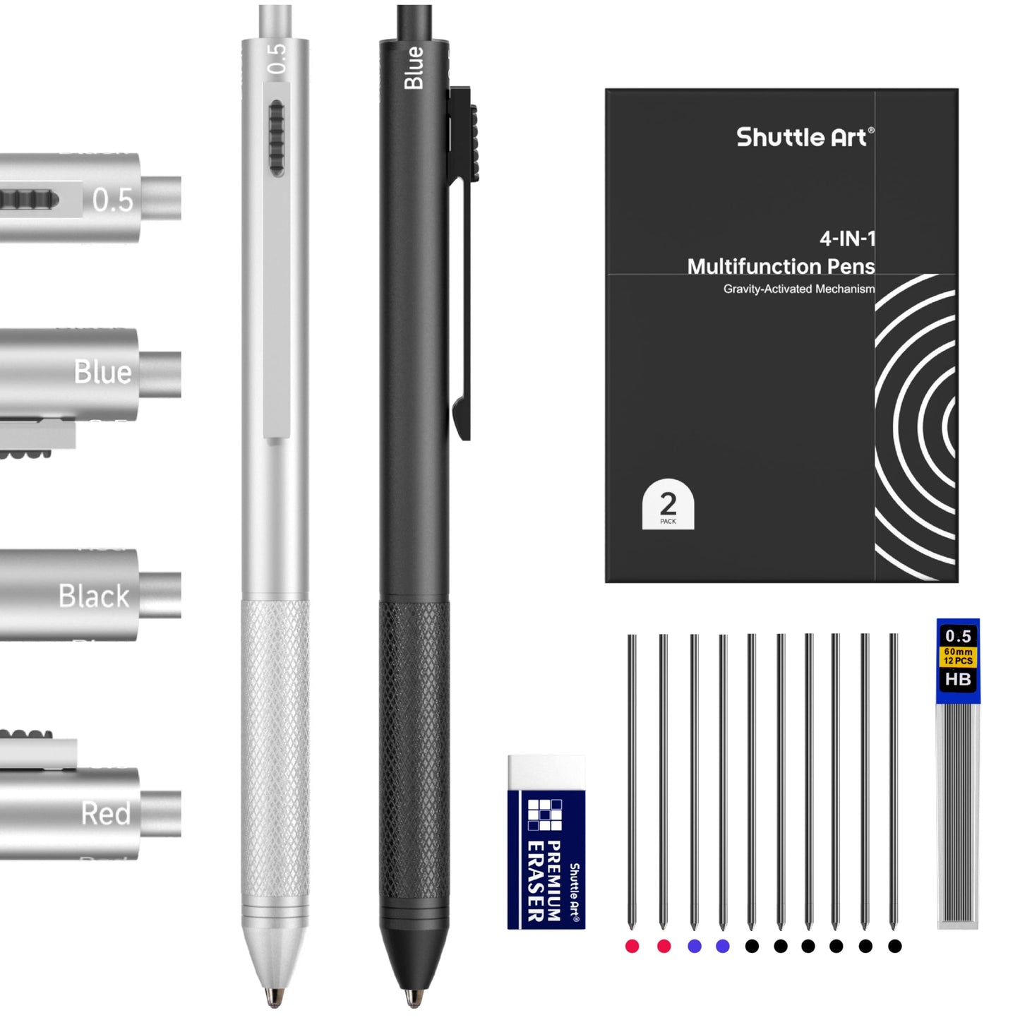 Shuttle Art 4 in 1 Gravity-activated Multicolor Pen, 2 Pack Retractable Ballpoint Pens with 1.0mm Black Blue Red Ink and 0.5mm Mechanical Pencil, Pens Gift Set for Writing Note Taking School Office