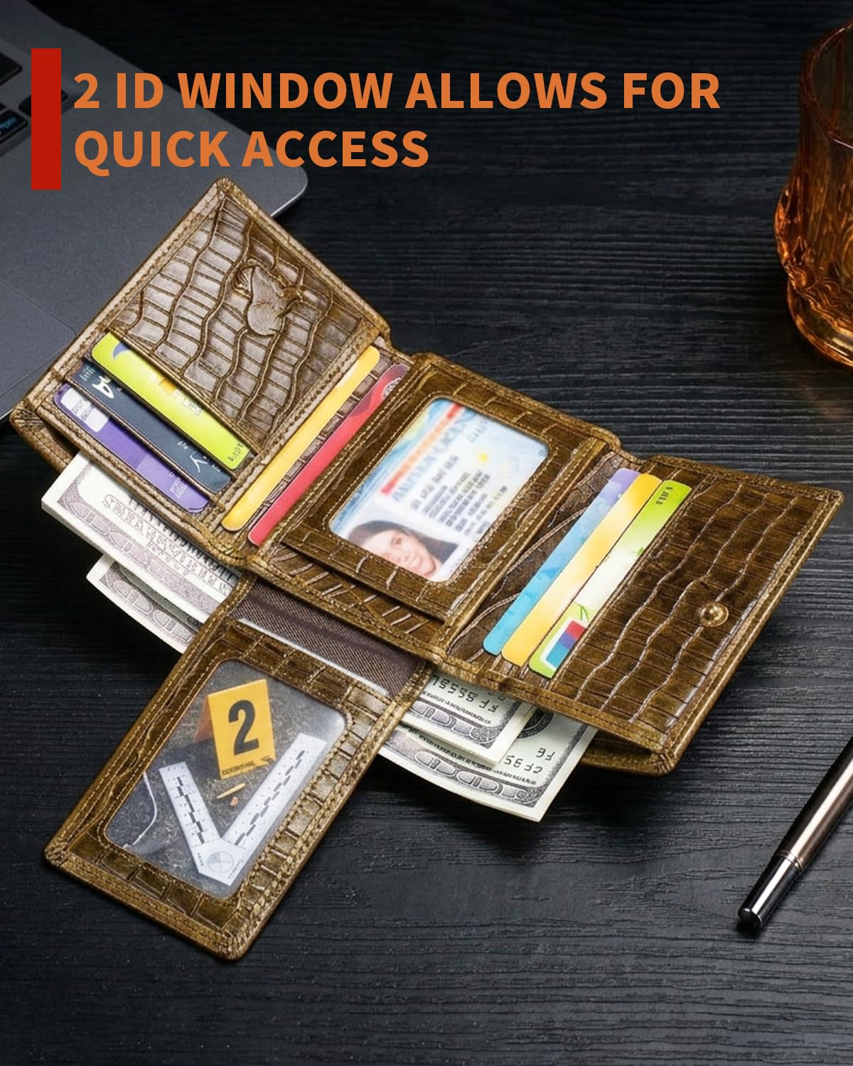 Steel Lion Mens Trifold Wallet Leather RFID Blocking, Crocodile Embossed Slim Wallet with 2 ID Window, 11 Card Slots, Detachable Anti-Theft Chain, Compact Wallet for Business Travel Daily Use (Brown)