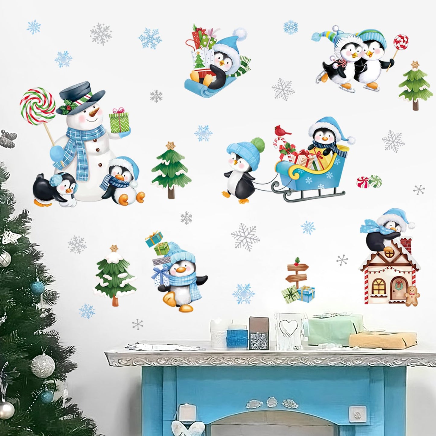 Wondever Penguins Christmas Wall Stickers - Snowman, Pine Tree, Snowflakes, Window Art Decals for Xmas Party