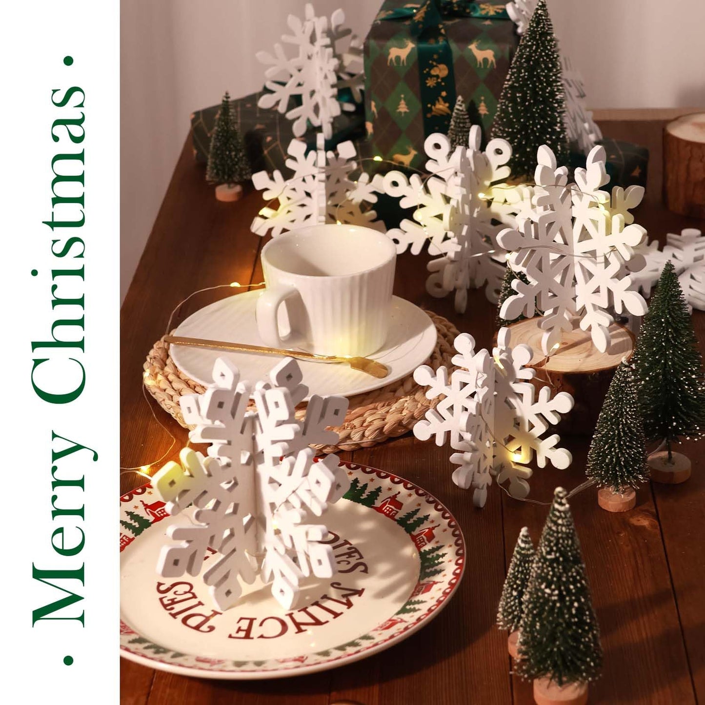 LHMTQVK 15 Pcs White Wooden Snowflakes Christmas Centerpiece Table Decorations - 7 Set 3D Snowflakes and Lights for Winter Wonderland Home Wedding Birthday Christmas Decor
