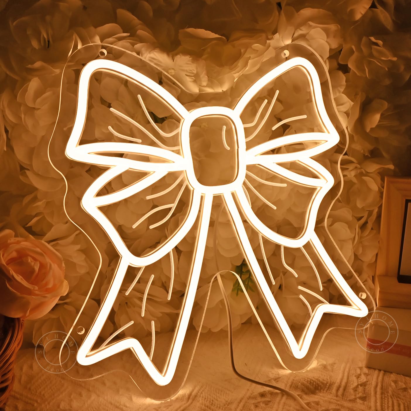 SYLHOME Bow Led Neon Light Sign Cute Girls Kids Bedroom Nursery Game Room Wall Sign Decor Beauty Salon Wedding Birthday Party Backdrop 11.8" X 11.8" USB