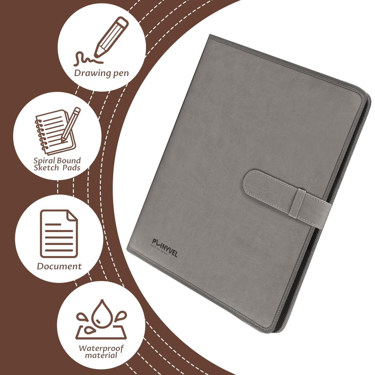 Plinyvel Travel Sketch Case & Cover: Leather Organizer Fits 5.5x8.5 Sketch Book & Spiral Pad | All-in-One Art Kit with Pencil Holder | Compact for Artists, Beginners & Travel (Gray)