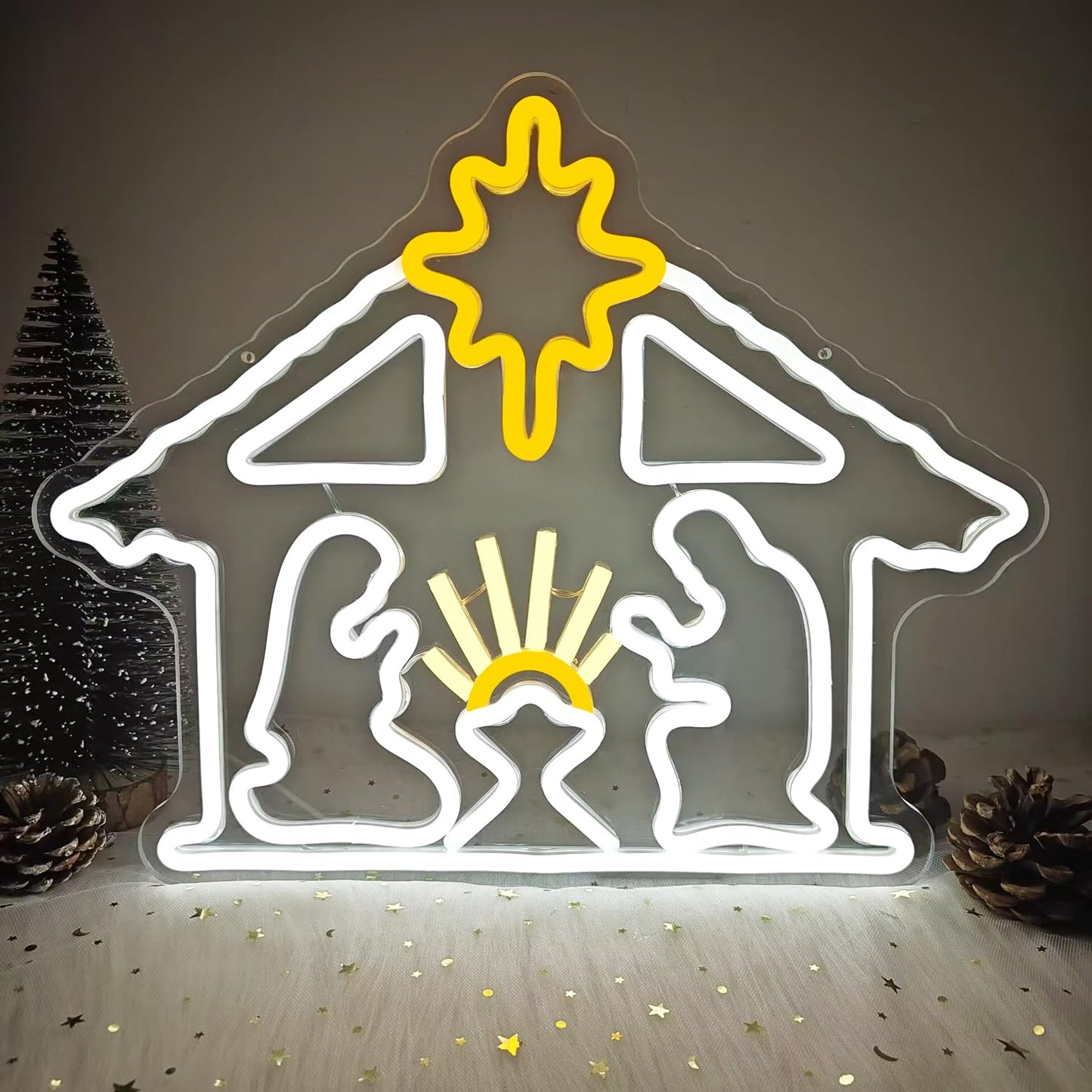 Vveikea Christmas Neon Sign Lighted Nativity Scene Led Sign Light Up Nativit Scene Indoor Jesus Lights Nativity Window Lights Led christmas Window Decorations