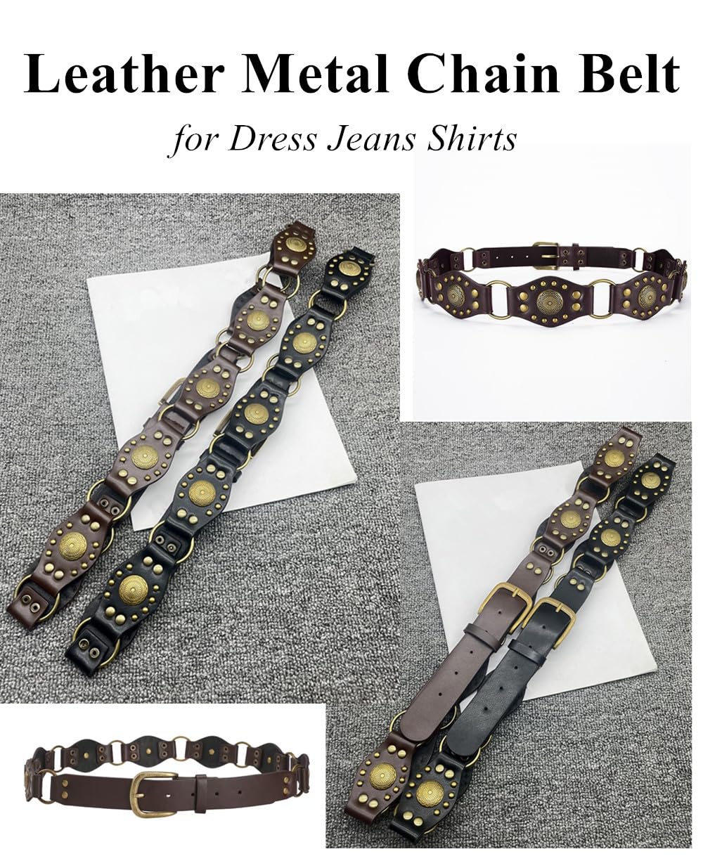 JFYSJH Brown Western Belts for Women Cowgirl Y2K Studded Leather Concho Chain Belt Wide Boho Disc Vintage Country Belts for Dresses Jeans, Fit Waist 38" to 42"