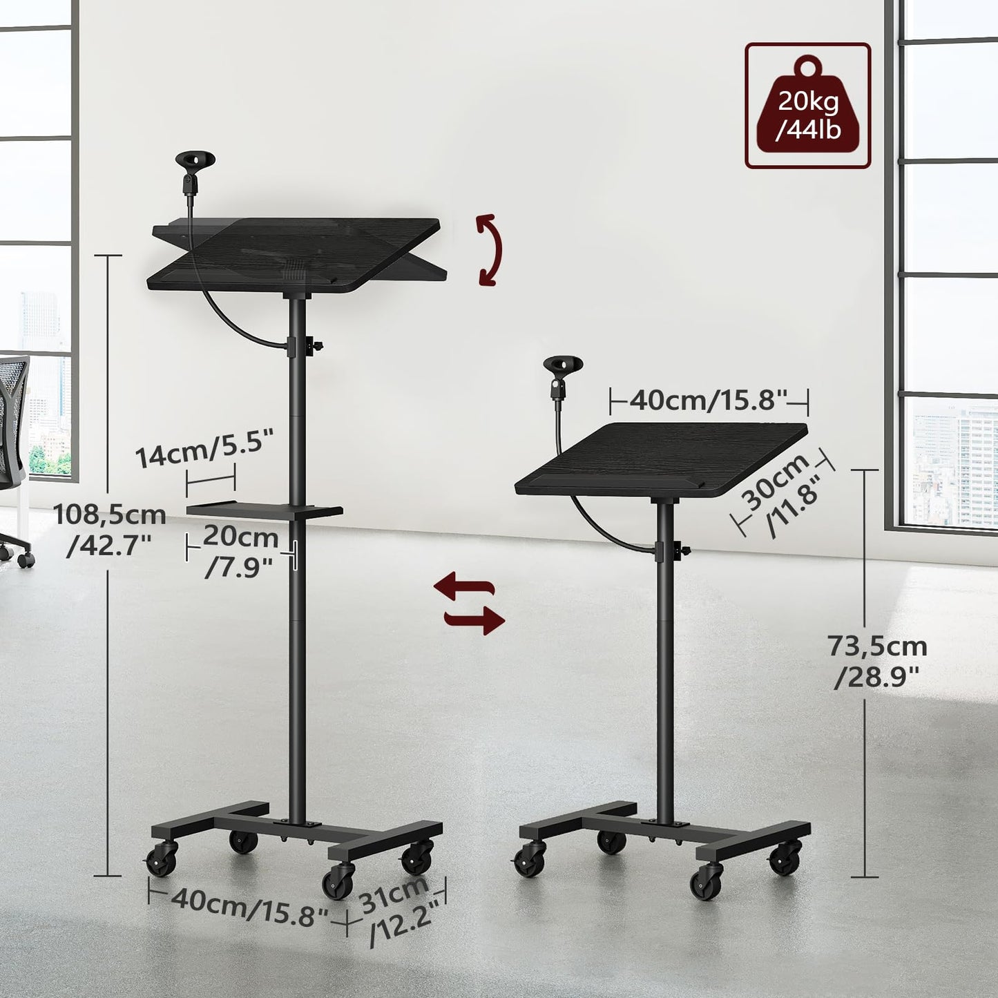 MAHANCRIS Podium Stand with Microphone Stand, Standing Desk and Laptop Desk with Storage Tray, 28.9-42.7 Inch Adjustable Height Portable Lectern for Classroom, Conference Room, Black LPBK4001
