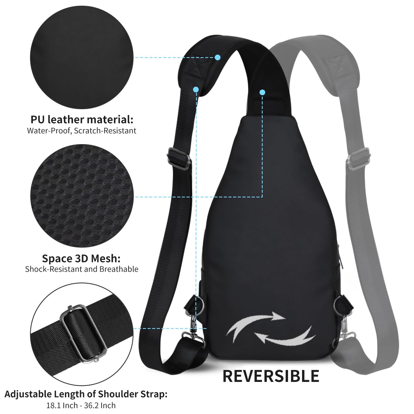 AMJ Crossbody Sling Bag Men Women, Casual Shoulder Backpack, Chest Daypack Satchel for Hiking Travel (Black Leather, Small)
