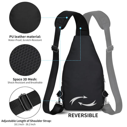 AMJ Crossbody Sling Bag Men Women, Casual Shoulder Backpack, Chest Daypack Satchel for Hiking Travel (Black Leather, Small)